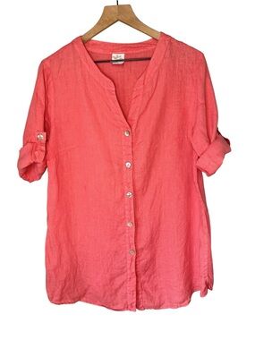 MATCH POINT Linen Coral Button Up Roll Tab Sleeve Oversized Tunic Blouse Sz S